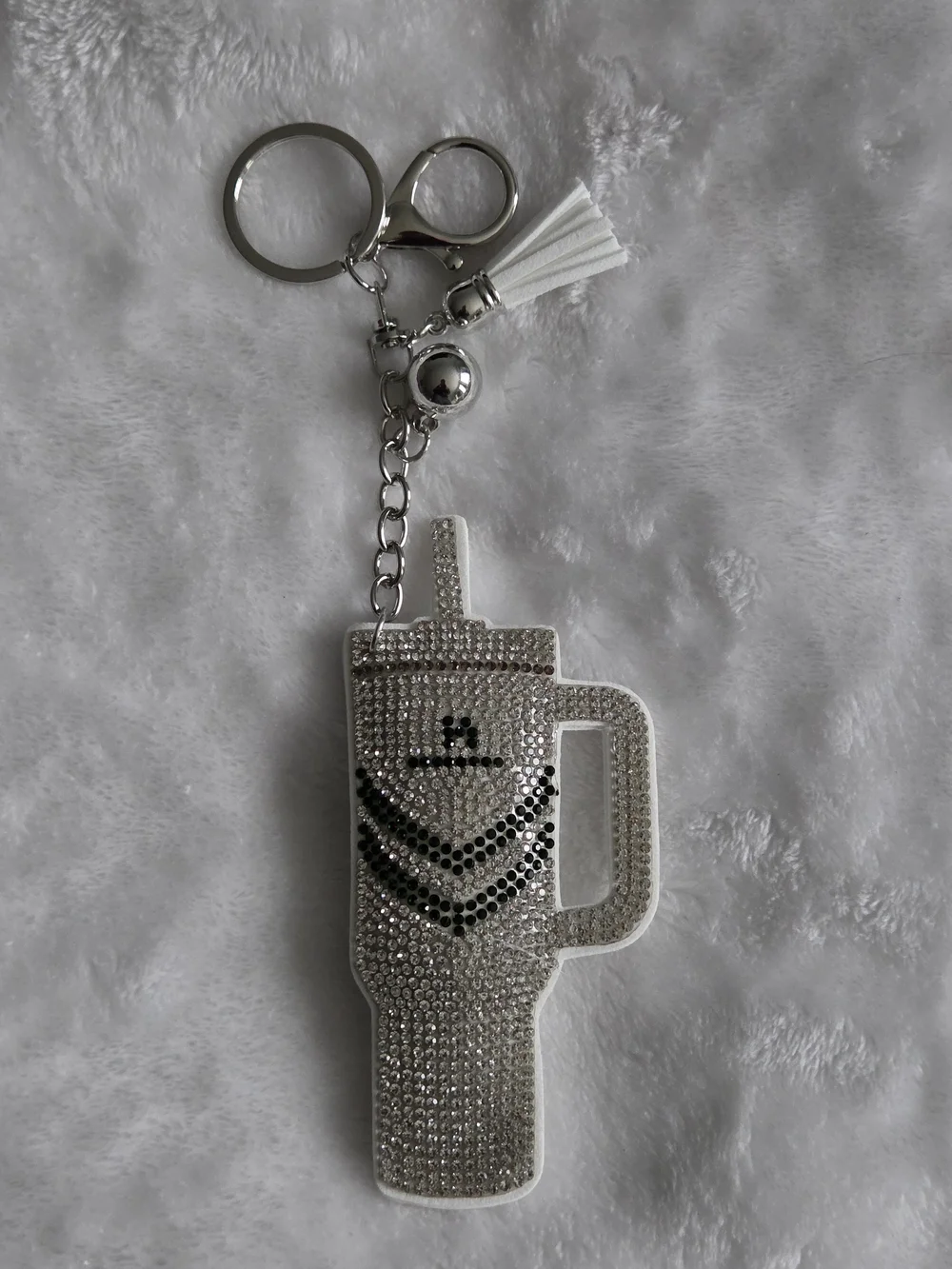 Rhinestone Stanley Cup Keychain - Silver & White Bag Charm